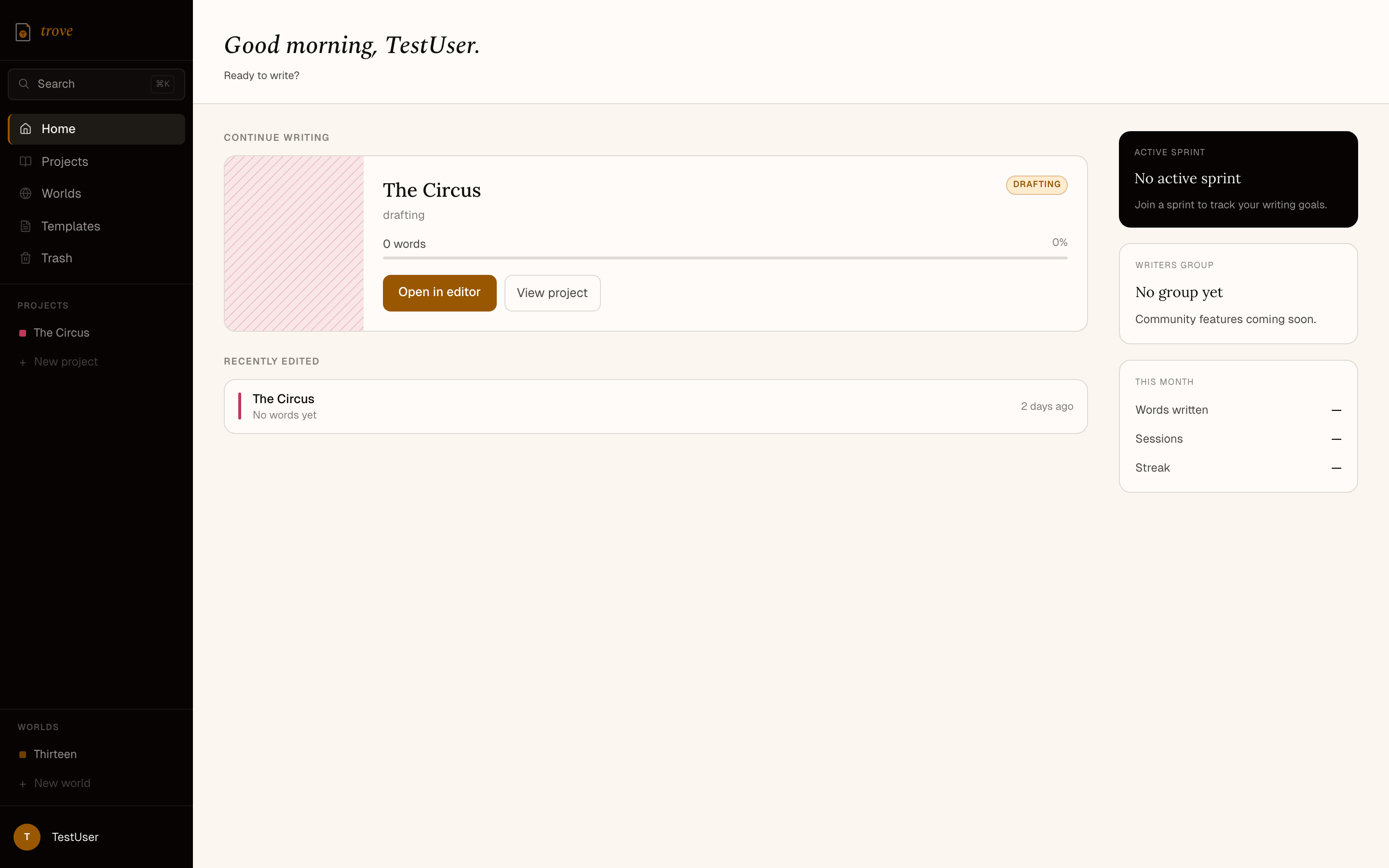 trove dashboard showing projects and manuscript binder